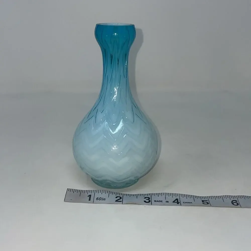Antique Victorian cased air trap diamond quilted satin blue/white glass vase